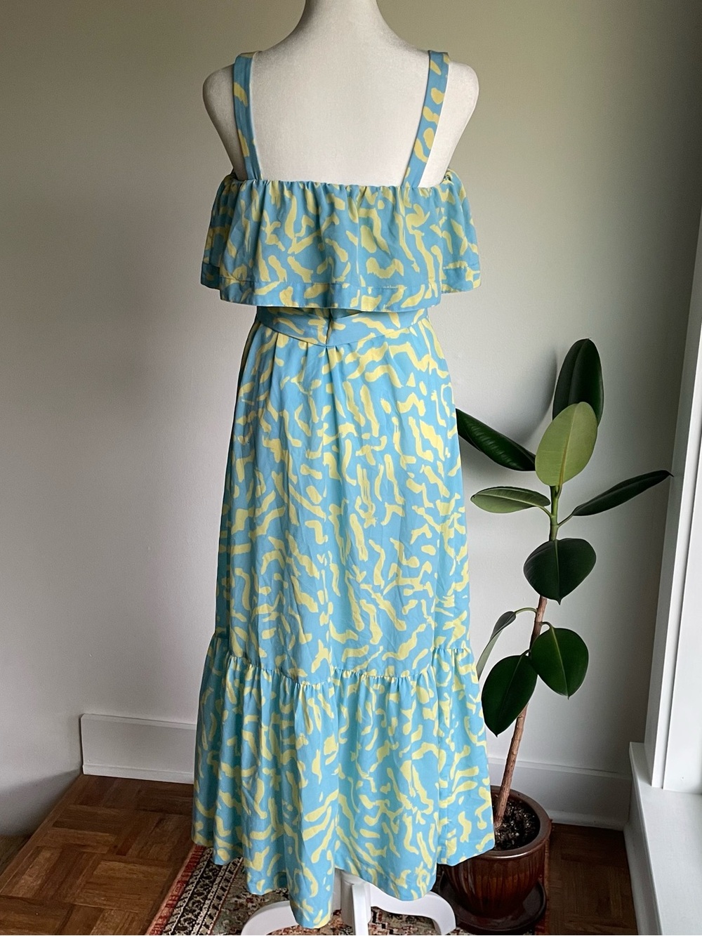 Derek Lam Blue yellow Scribble Print Tie Midi Dress Size 42 US 6 /Medium - Picture 6 of 11